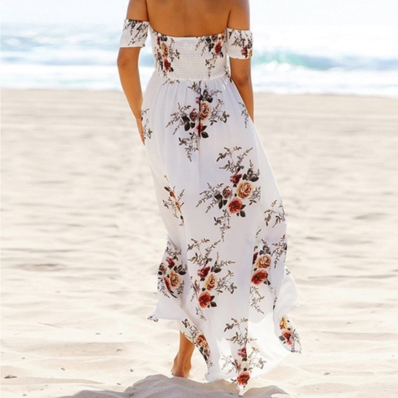 Vansha White Women’s Boho Off Shoulder Strapless Floral Slit Maxi Dress - Picture 3 of 6